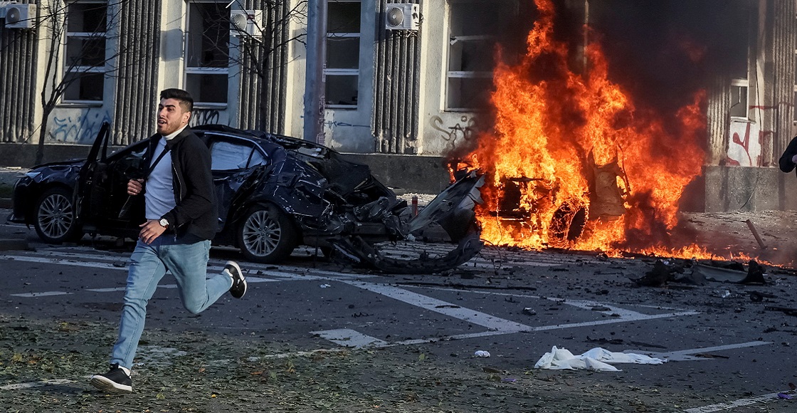 Cars burn after Russian military strike, as Russia's invasion of Ukraine continues, in central Kyiv, Ukraine October 10, 2022.