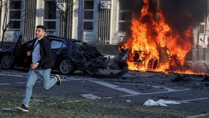 Cars burn after Russian military strike, as Russia's invasion of Ukraine continues, in central Kyiv, Ukraine October 10, 2022.