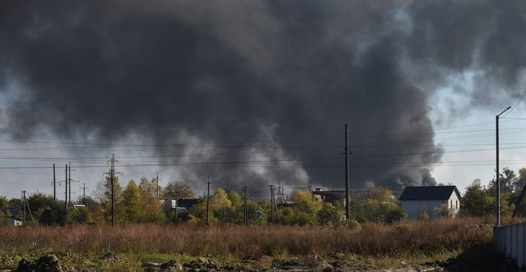 A smoke rises over the city after Russian missile strikes, amid Russia's attack on Ukraine, in Lviv, Ukraine October 10, 2022. 