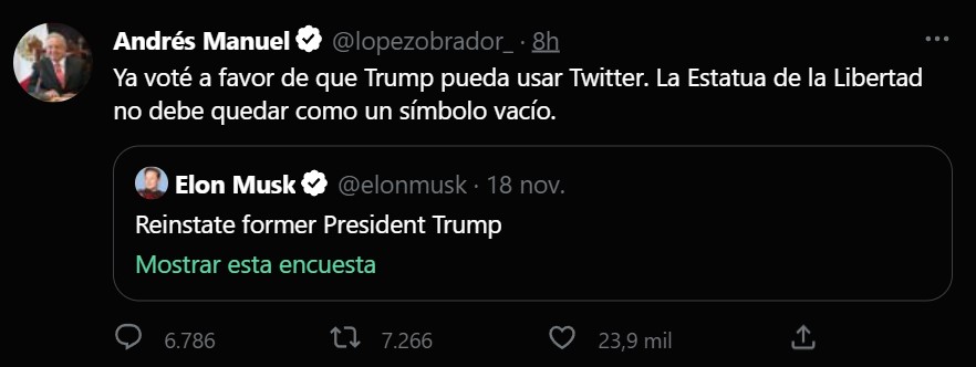 Hasta AMLO votó: Elon Musk anuncia el regreso de Trump a Twitter tras encuesta