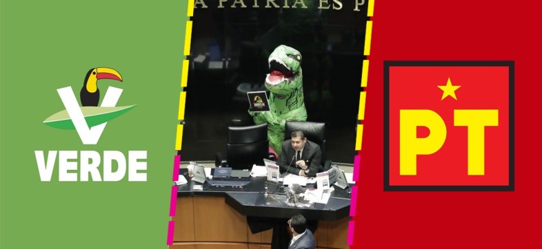 El logo del Partido Verde, un diputado en tribuna con un dinosaurio y el logo del Partido del Trabajo