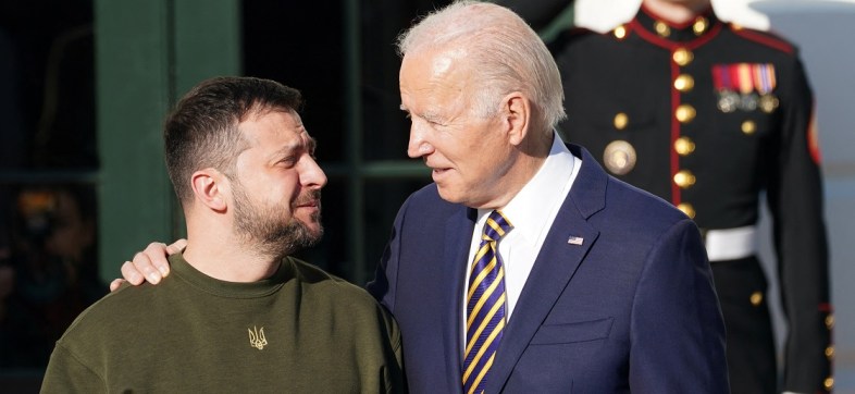 U.S. President Joe Biden welcomes Ukraine's President Volodymyr Zelenskiy on the South Lawn at the White House in Washington, U.S., December 21, 2022.