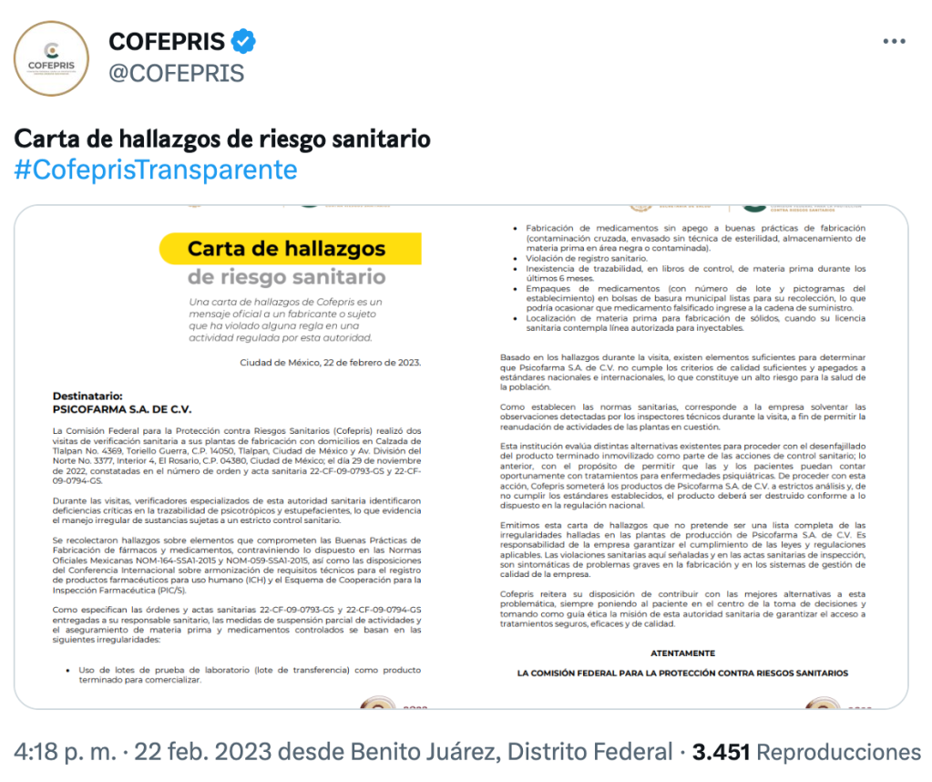 Comunicado de la COFEPRIS sobre la suspensión de Psicofarma