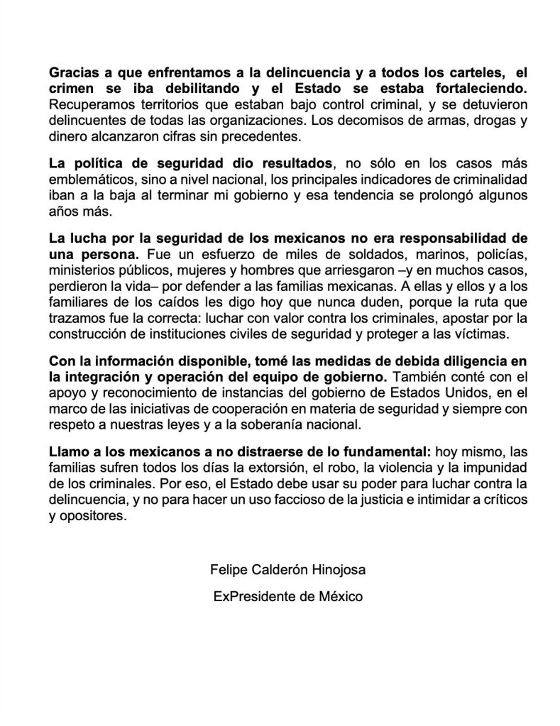 Un comunicado con la reacción de Felipe Calderón sobre García Luna 