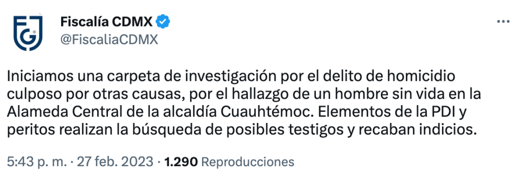 Anuncio de la Fiscalía de CDMX por una investigación tras encontrar un cuerpo en Alameda Central