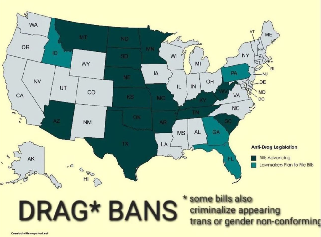 Un mapa que muestra los estados con prohibiciones a shows drag