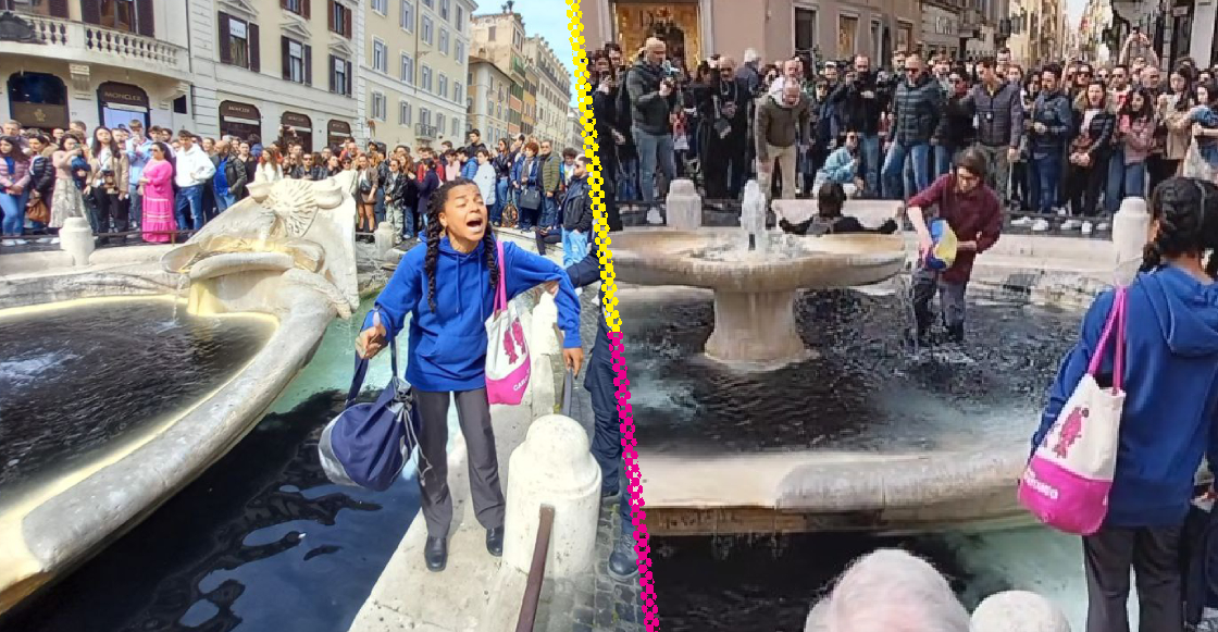 Activistas tiñen de negro el agua de una fuente en Roma en protesta por el cambio climático