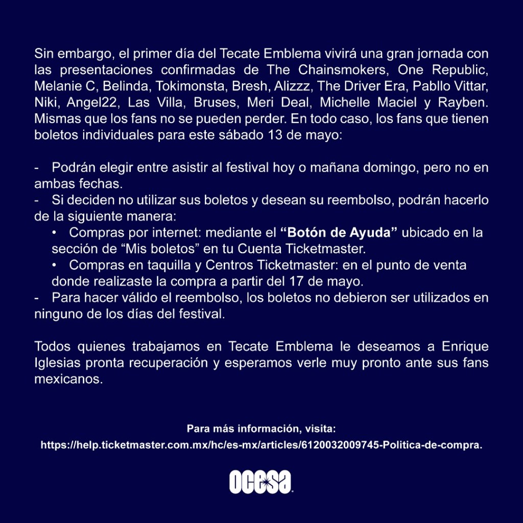 Enrique Iglesias cancela su participación en el Tecate Emblema 2023
