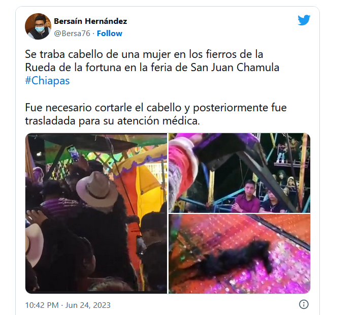 Joven quedó atorada del cabello en rueda de la fortuna en Chiapas