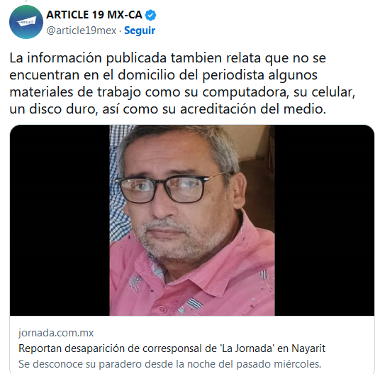 Reportan desaparición de Luis Martín Sánchez, corresponsal de La Jornada en Nayarit