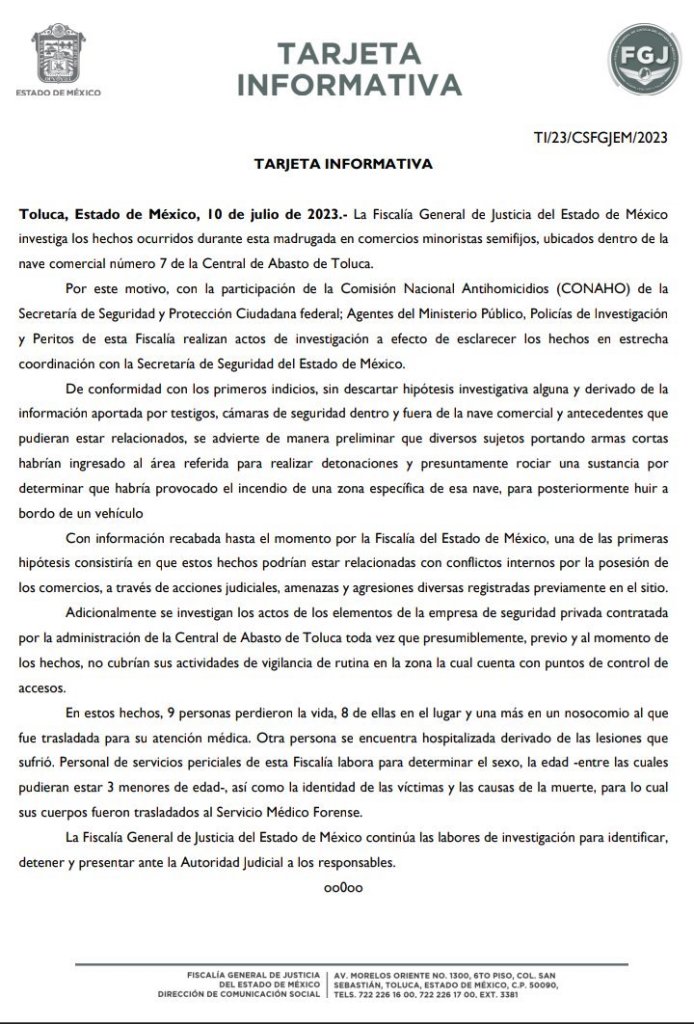 9 personas murieron en el ataque e incendio en la Central de Abasto de Toluca.