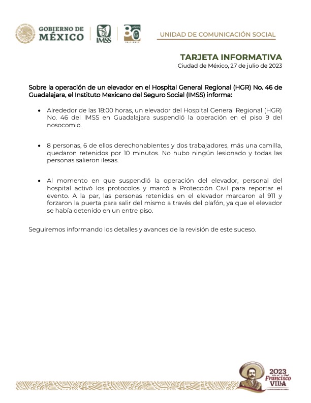 Otro elevador del IMSS deja a 8 personas atrapadas en hospital de Guadalajara