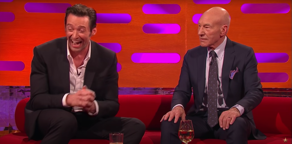 Hugh Jackman y Sir Patrick Stewart con Graham Norton 