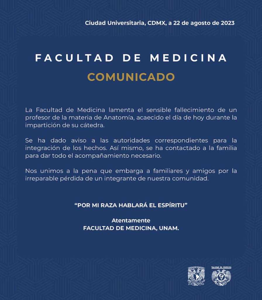 Muere maestro de la Facultad de Medicina de la UNAM durante clase