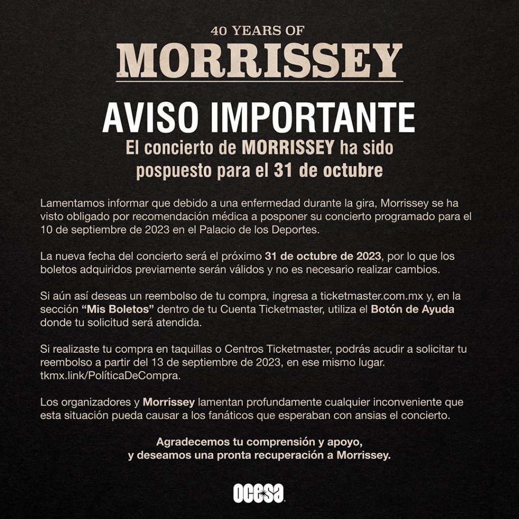 No podía saberse: Morrissey pospone concierto en México