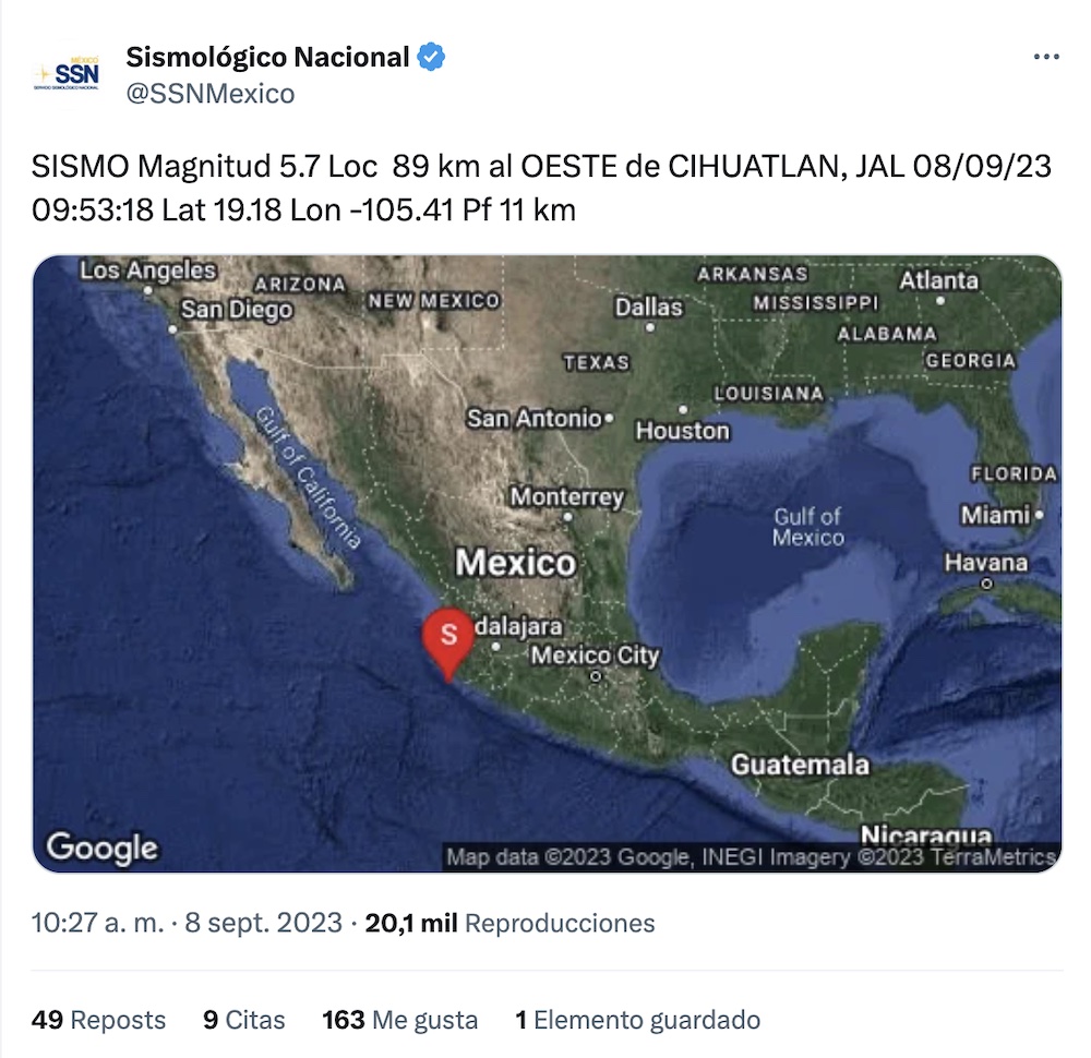 Dos sismos mueven a Jalisco en este 8 de septiembre