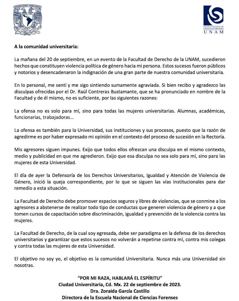 Cesan a secretario de la Facultad de Derecho por insultar a directora de la UNAM