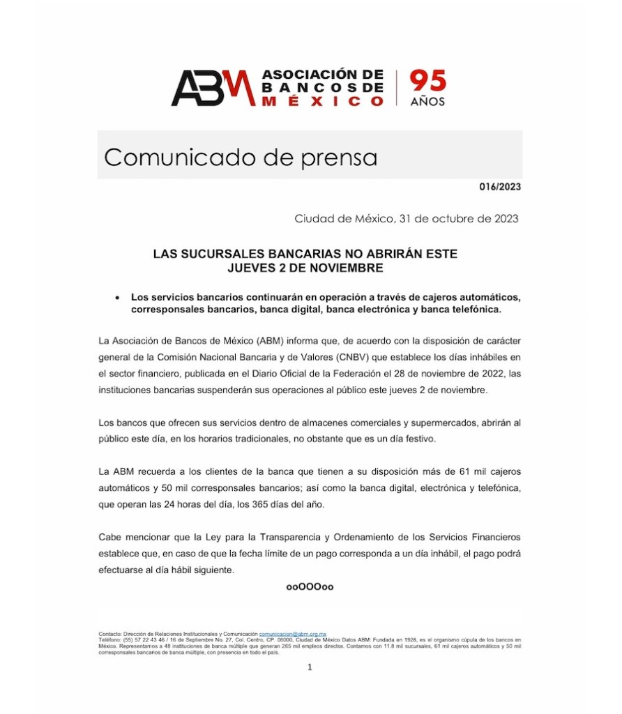 ¿Los bancos abren el 1° y 2 de noviembre en México?