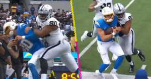 El golpazo de expulsión que Jerry Tillery de los Raiders le propinó a Justin Herbert de Chargers