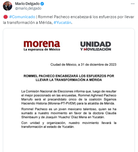 Rommel Pacheco va por alcaldía de Mérida con Morena