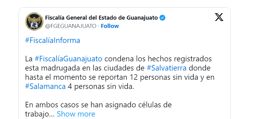 12 muertos en Salvatierra, Guanajuato, tras ataque de grupo armado en una posada