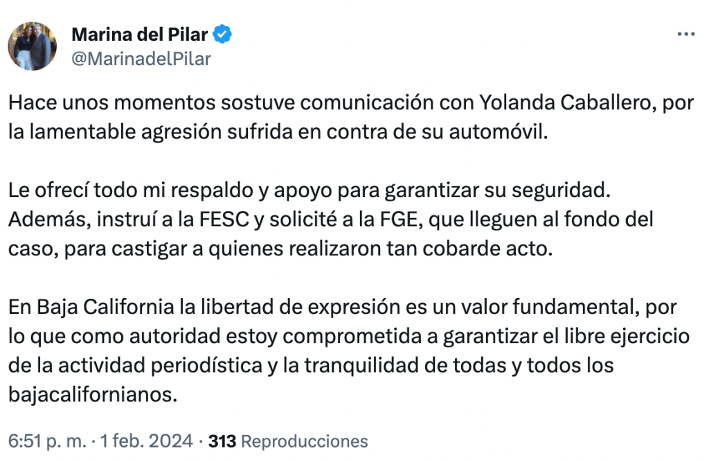 Así la respuesta de la gobernadora de Baja California, Marina del Pilar, ante el ataque contra una periodista en Tijuana.