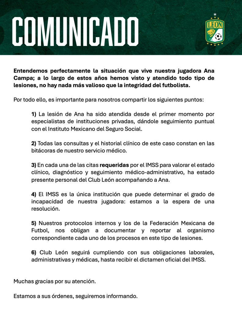 Comunicado oficial de León sobre Ana Campa