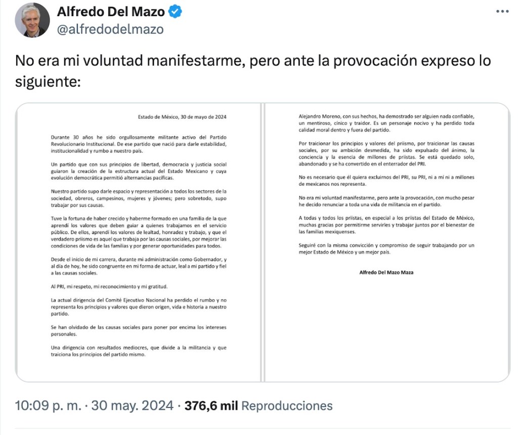 Lo que debes saber de la expulsión de Alfredo del Mazo del PRI