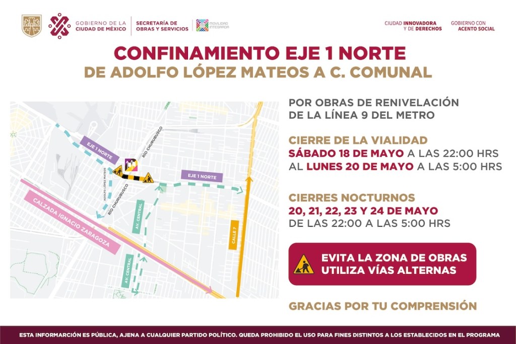 Horarios y fechas del cierre de un tramo de Eje 1 Norte por la Línea 9 del Metro