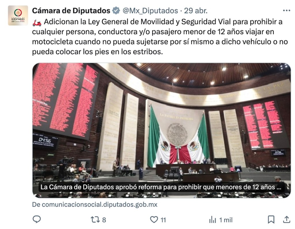 Diputados prohíben que niños y niñas viajen en moto