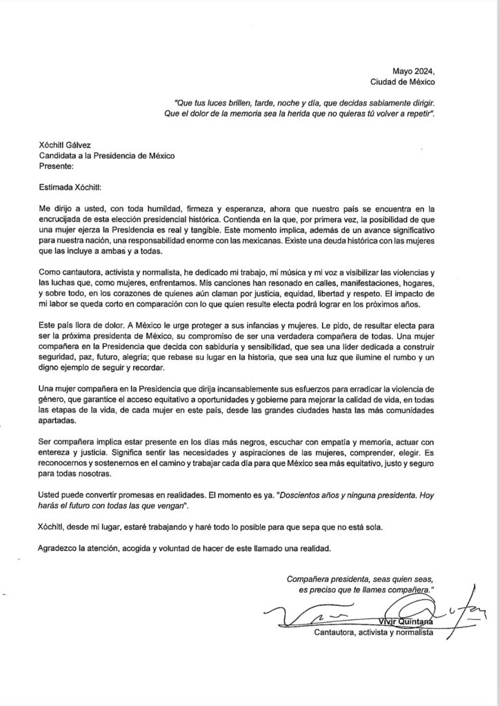 Vivir Quintana le recuerda a las candidatas a la presidencia luchar por las mujeres de México con “Compañera Presidenta”