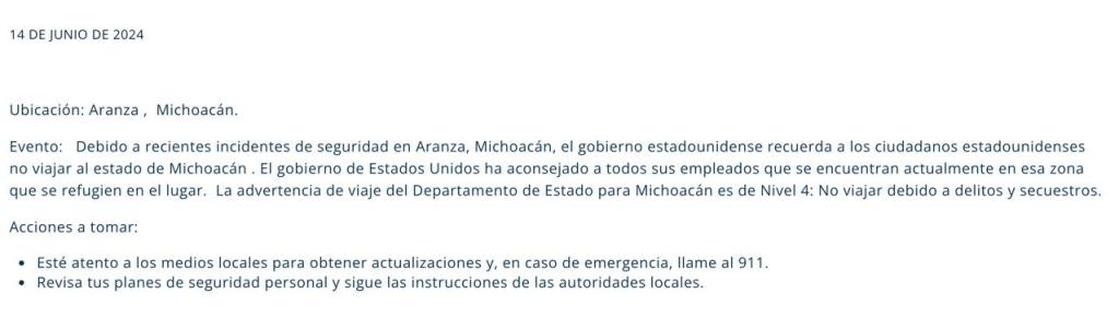 La embajada de Estados Unidos en México envió una alerta de seguridad