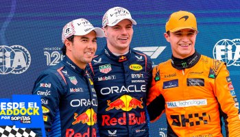 Checo Pérez con Max Verstappen y Lando Norris