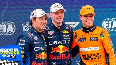 Checo Pérez con Max Verstappen y Lando Norris