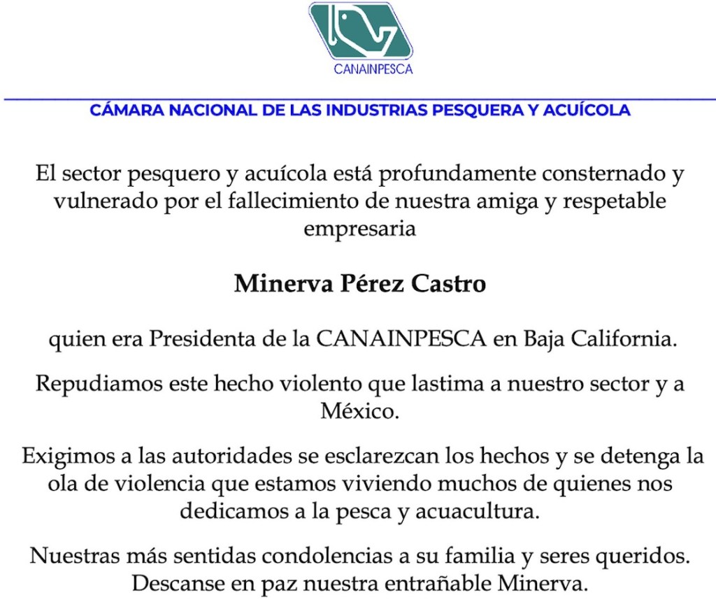 Asesinan a Minerva Pérez, presidenta de Canainpesca, horas después de denunciar la pesca ilegal en Baja California