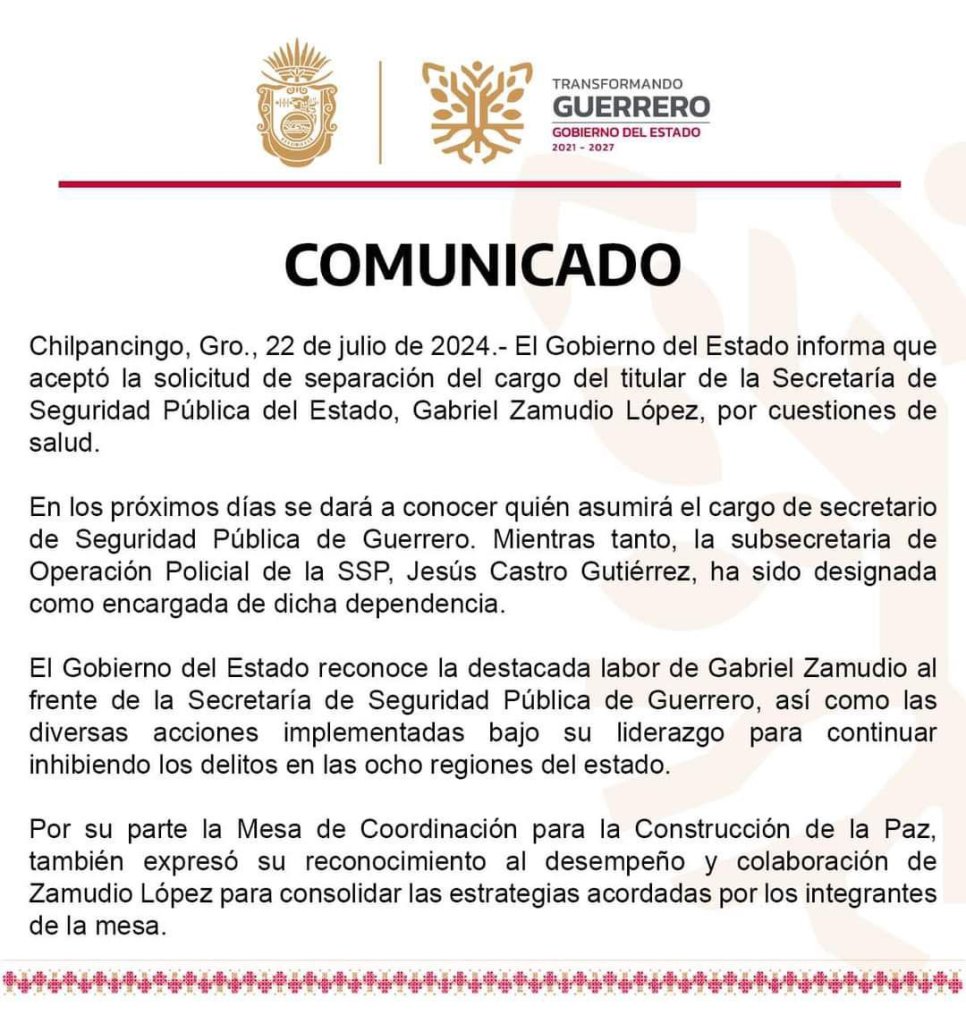 El comunicado de renuncia del nuevo secretario de Seguridad de Guerrero