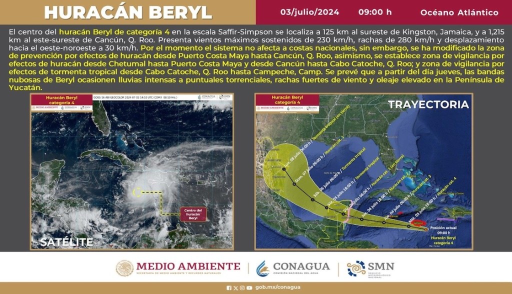 Nueva ruta y zona de efectos del huracán Beryl.