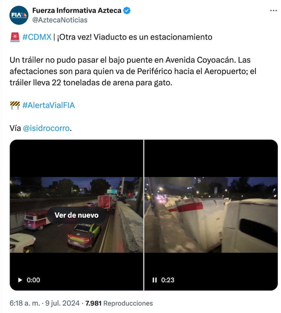 Y en historias de CDMX: Tráiler con arena para gato se queda atorado en Viaducto