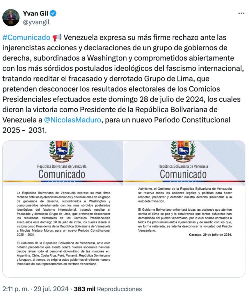 Un comunicado del gobierno de la República Bolivariana de Venezuela