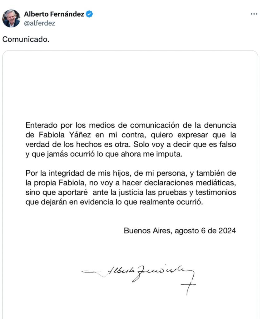 El comunicado del expresidente Alberto Fernández.