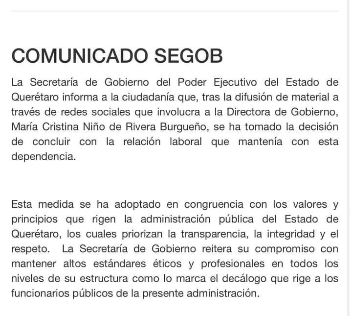 El comunicado de la Secretaría de Gobernación de Querétaro