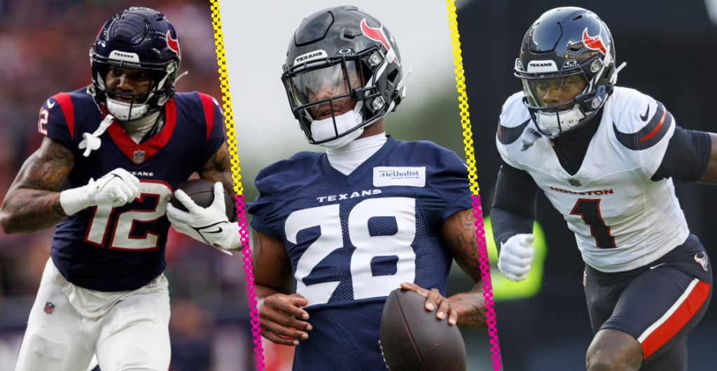 Nico Collins (izquierda), Joe Mixon (centro) y Stefon Diggs (derecha)