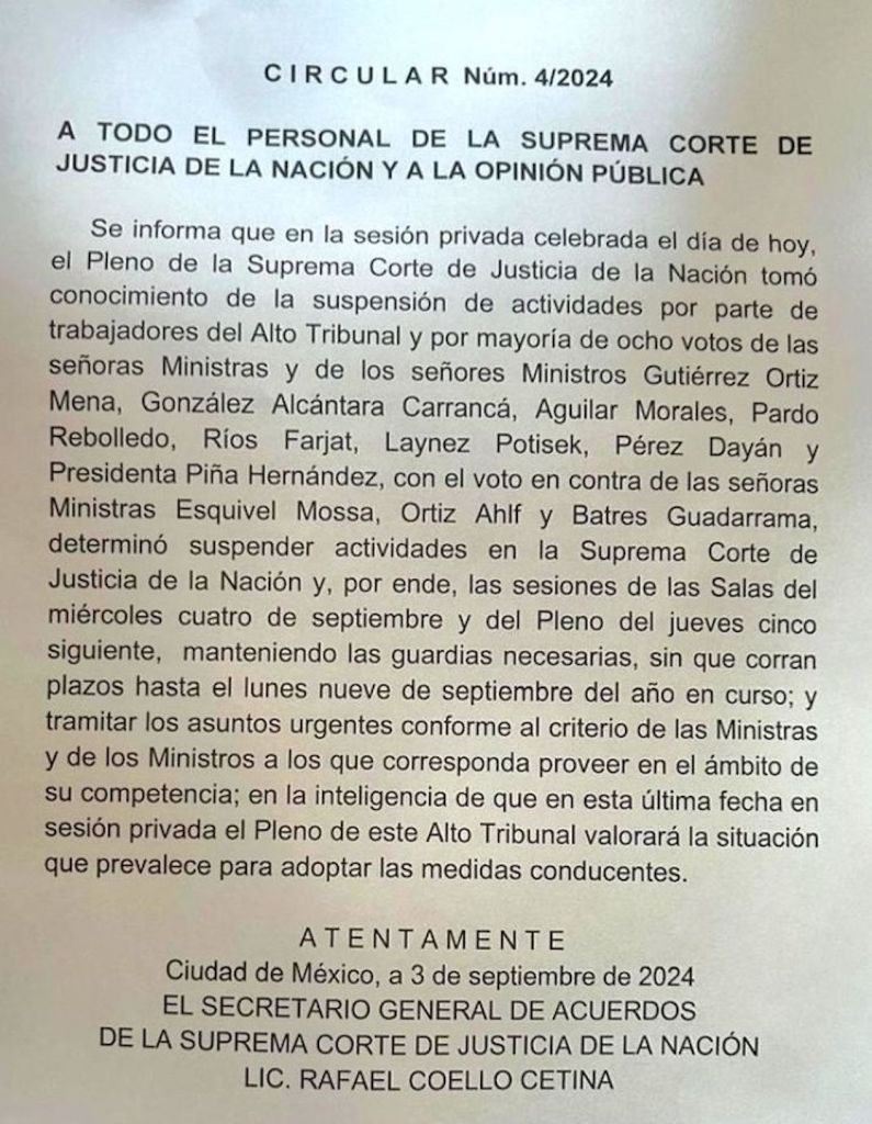 La circular 4/2024 en donde se informa el paro en la Suprema Corte.