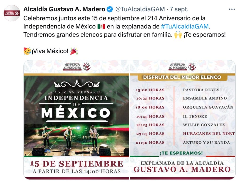 ¡Pa' dar el Grito! Conciertos gratis en las 16 alcaldías de CDMX el 15 de septiembre 2024