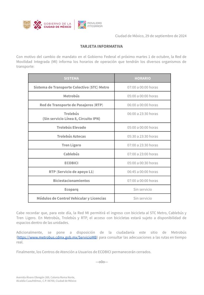 Horarios especiales del Metro, Metrobús, Trolebús, Cablebús y más por el 1° de octubre