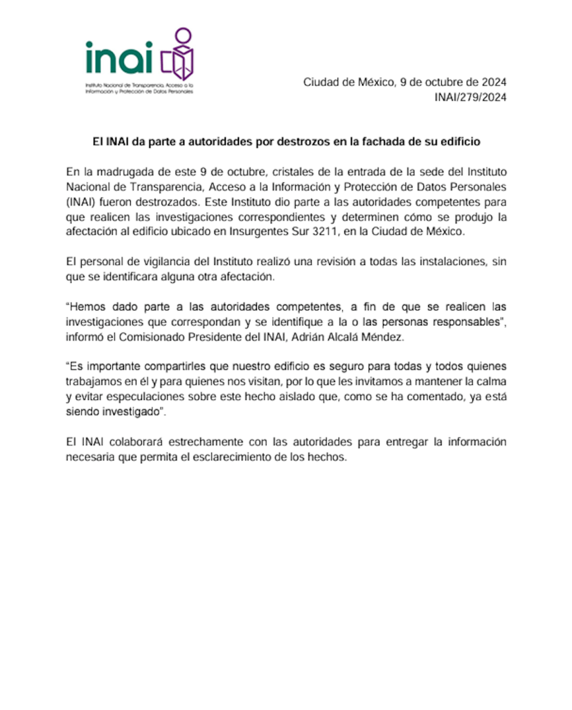 Comunicado del INAI sobre el ataque a sus instalaciones.