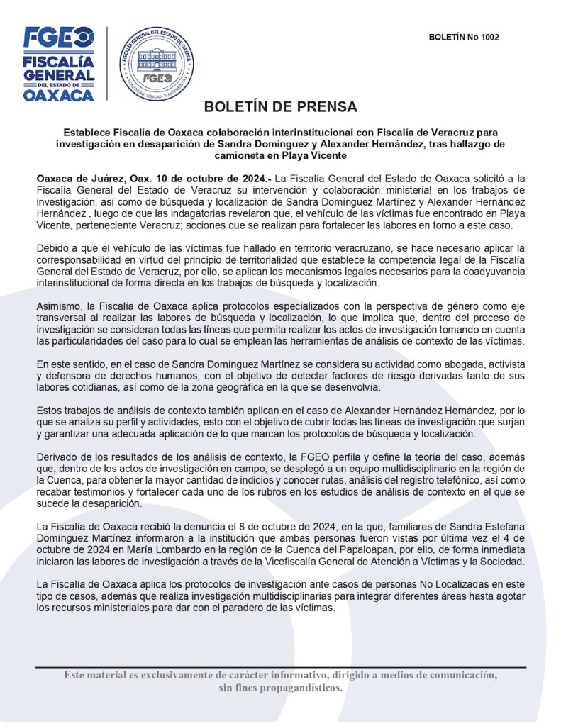 Comunicado de la Fiscalía de Oaxaca por la desaparición de Sandra Domínguez.