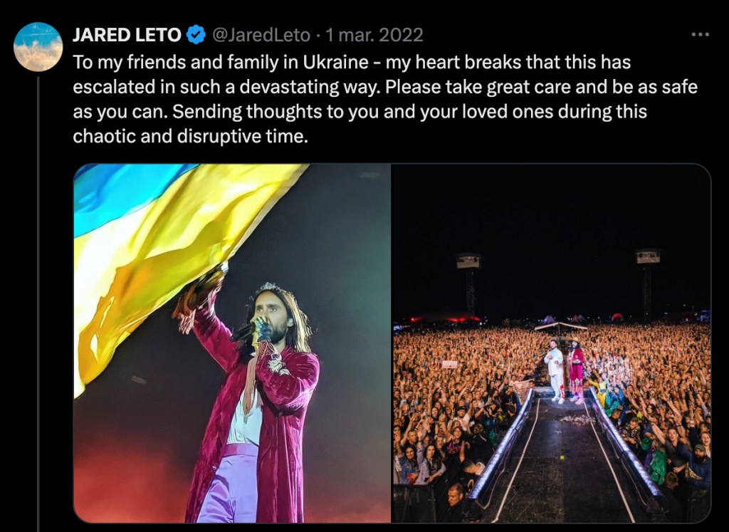 La polémica de Jared Leto y Ucrania por unos comentarios en apoyo a Rusia 