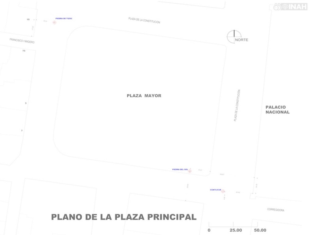 Mapa donde se encuentran los monolitos en el Zócalo.