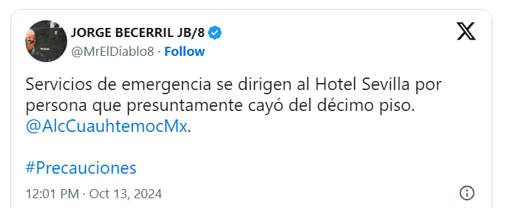 Mujer muere tras caer desde el décimo piso de un hotel en Reforma